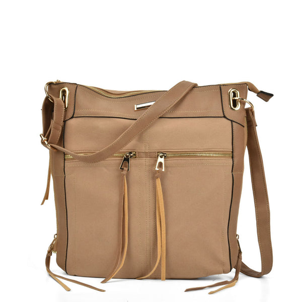 Zip front suede handbag