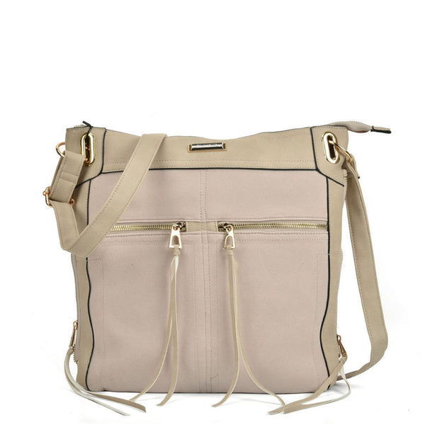Zip front suede handbag