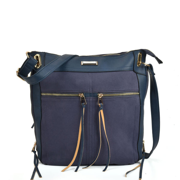 Zip front suede handbag