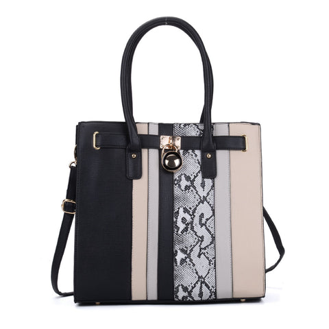 Patchwork Snakeskin Grain Tote Bag With Lock