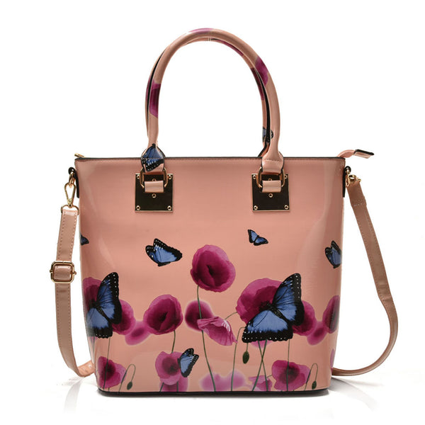 Patent Tote Bag in Floral & Butterfly Print