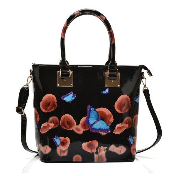 Patent Tote Bag in Floral & Butterfly Print
