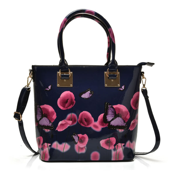 Patent Tote Bag in Floral & Butterfly Print