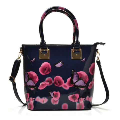 Patent Tote Bag in Floral & Butterfly Print