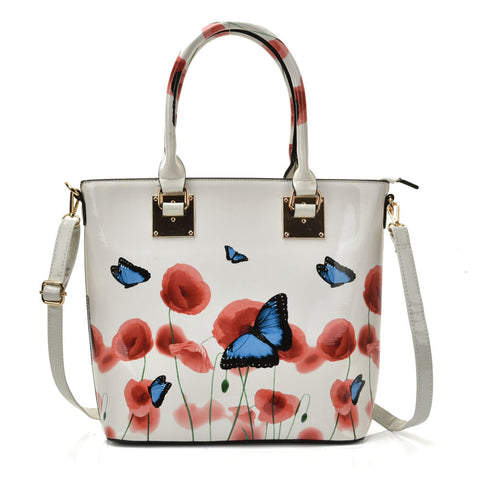 Patent Tote Bag in Floral & Butterfly Print